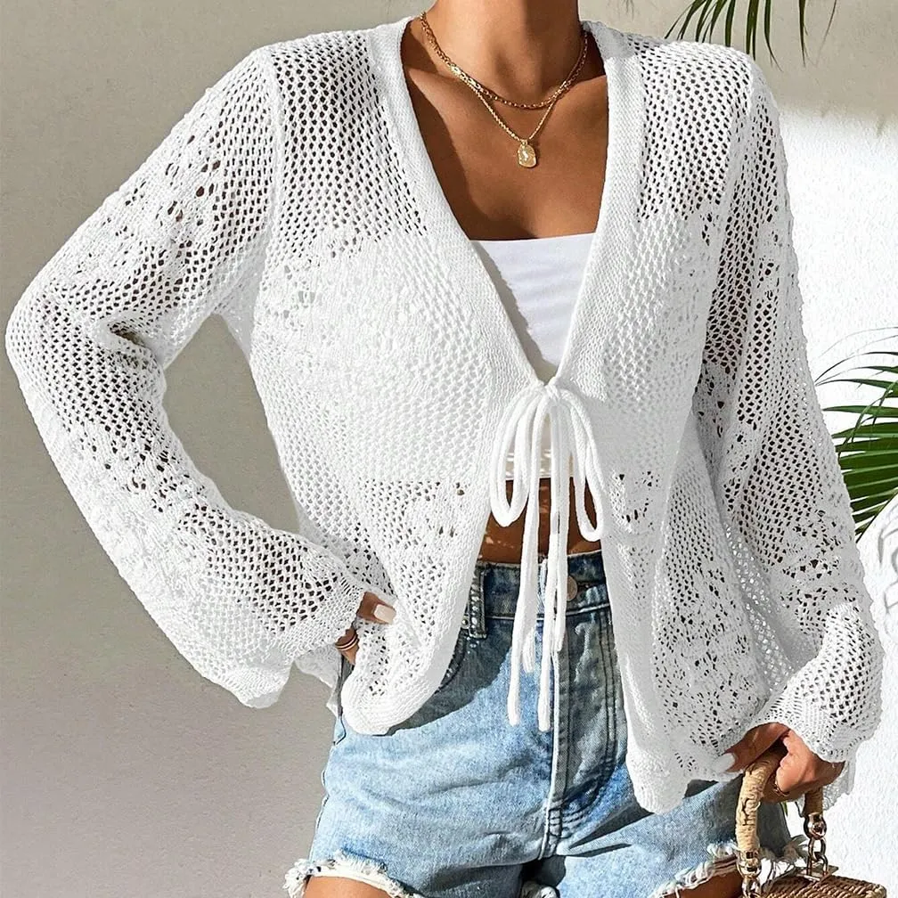 Sdencin Women Hollow Out Tie Front Crochet Knit Cardigan Autumn Long Sleeve Casual Loose Open Front Cardigan Cover Up