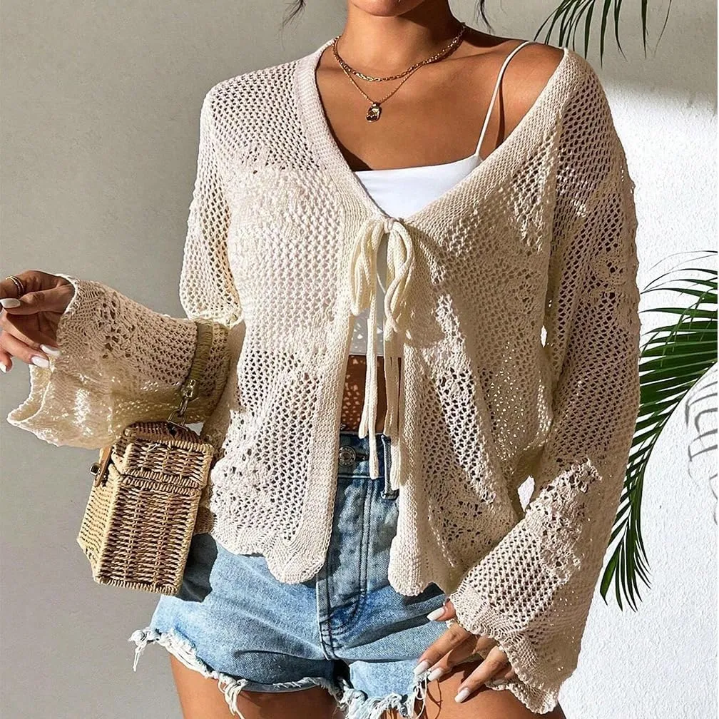 Sdencin Women Hollow Out Tie Front Crochet Knit Cardigan Autumn Long Sleeve Casual Loose Open Front Cardigan Cover Up