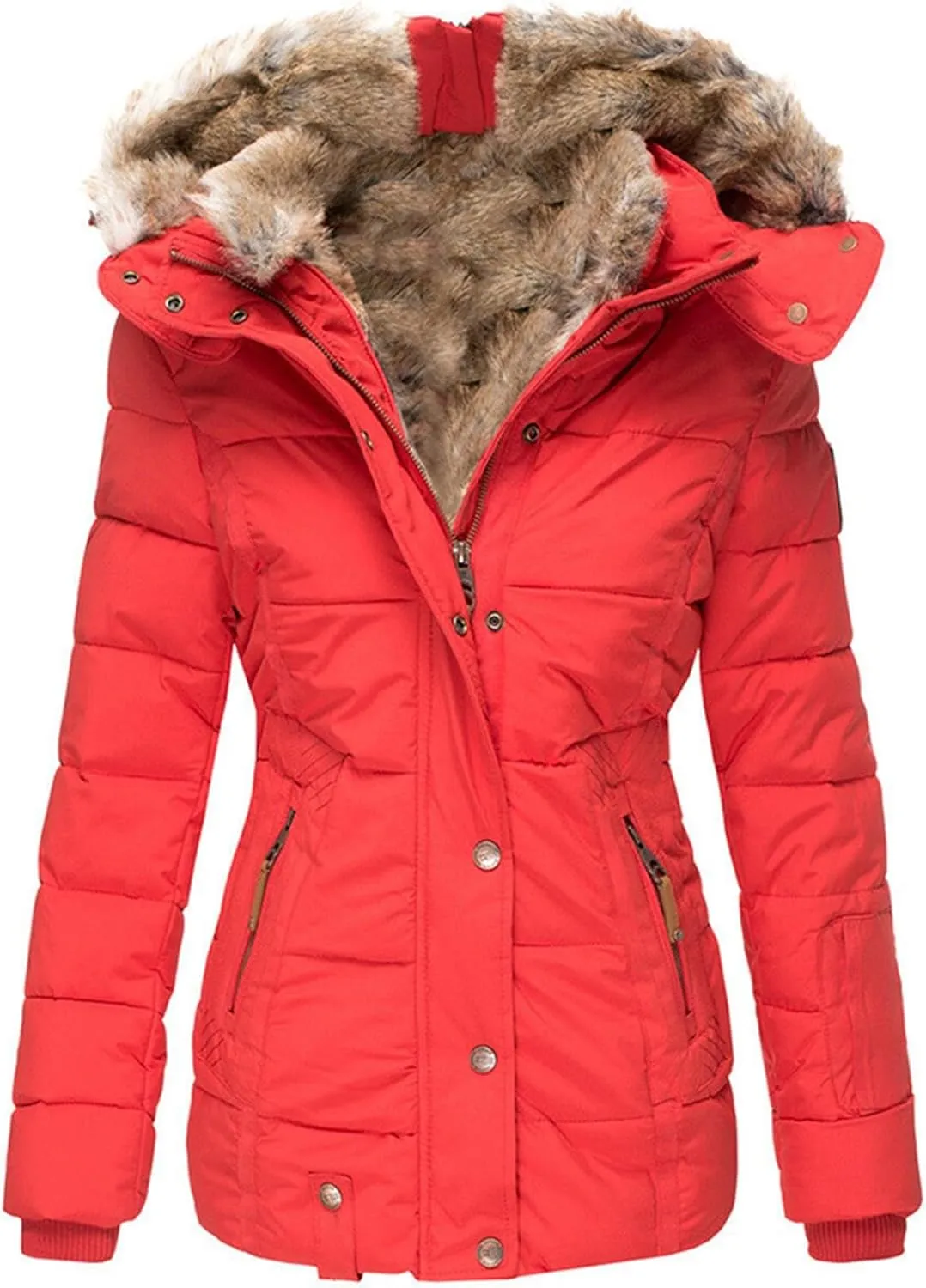 SHAOBGE Girl Down Jacket Women's Warm Woolen Collar Cotton Jacket with Zipper Long Sleeved Slim Fitting Hooded Women's