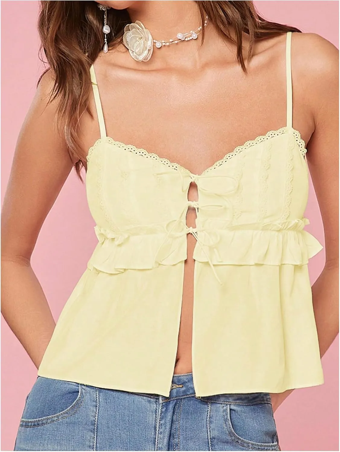 SHENHE Women's Cute Babydoll Tops Bow Tie Ruffle Crop Top Lace Trim Peplum Top Y2K Camisole