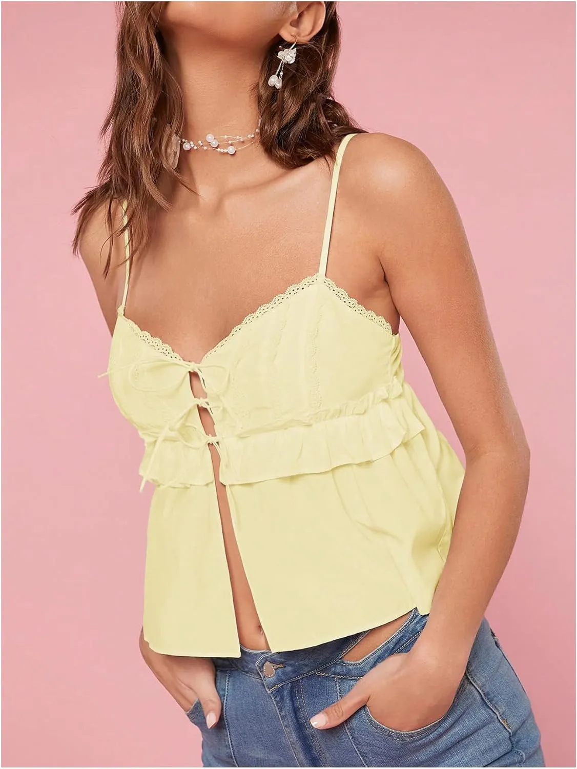 SHENHE Women's Cute Babydoll Tops Bow Tie Ruffle Crop Top Lace Trim Peplum Top Y2K Camisole