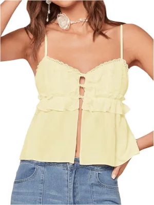 SHENHE Women's Cute Babydoll Tops Bow Tie Ruffle Crop Top Lace Trim Peplum Top Y2K Camisole