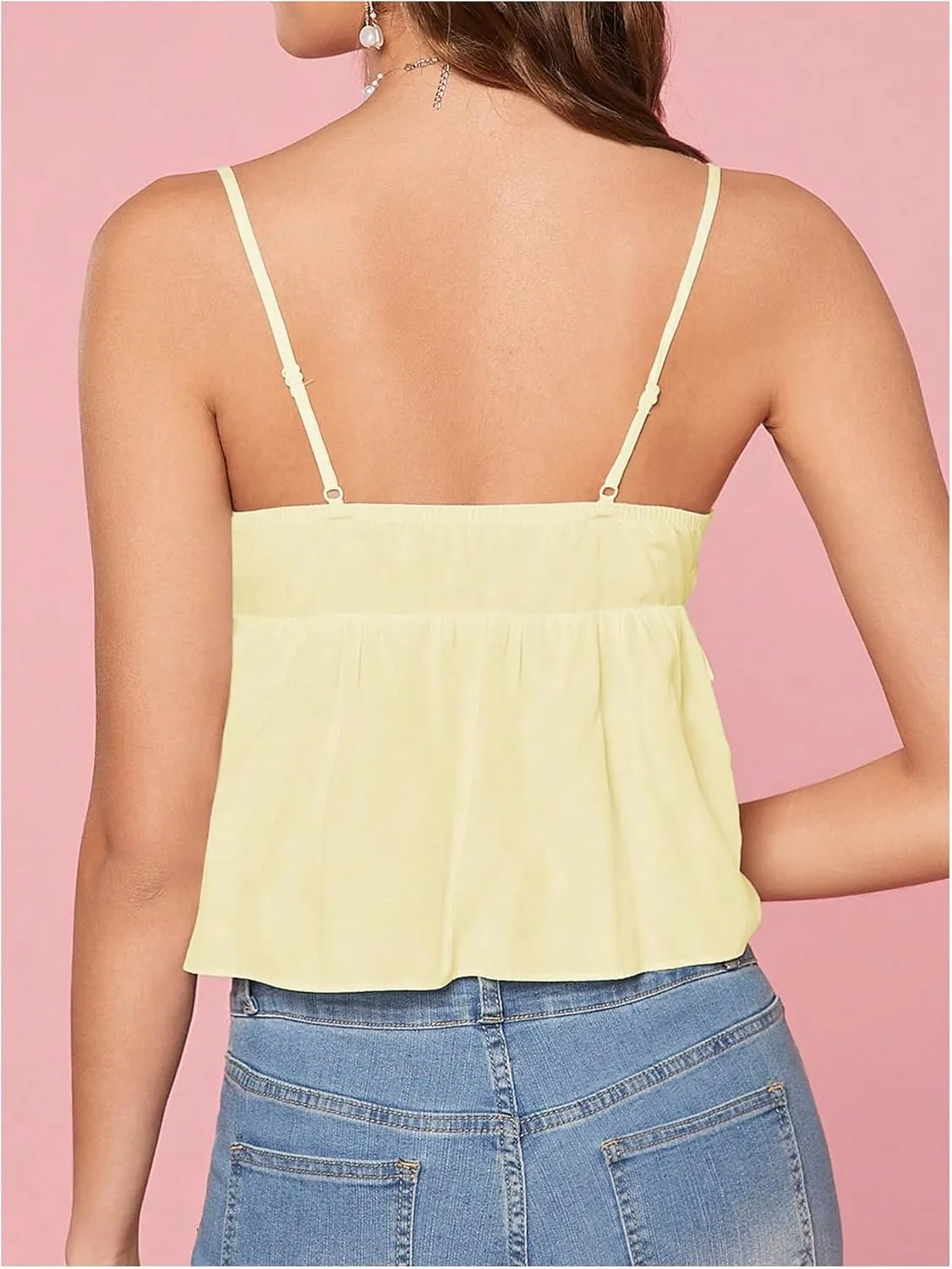 SHENHE Women's Cute Babydoll Tops Bow Tie Ruffle Crop Top Lace Trim Peplum Top Y2K Camisole