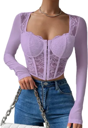 SHENHE Women's Lace Top Sheer Mesh Long Sleeve Asymmetrical Hem Sexy T Shirt Bustier Crop Tops