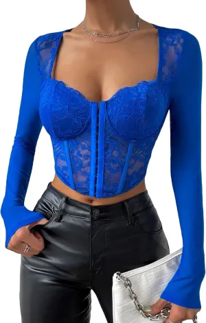 SHENHE Women's Lace Top Sheer Mesh Long Sleeve Asymmetrical Hem Sexy T Shirt Bustier Crop Tops