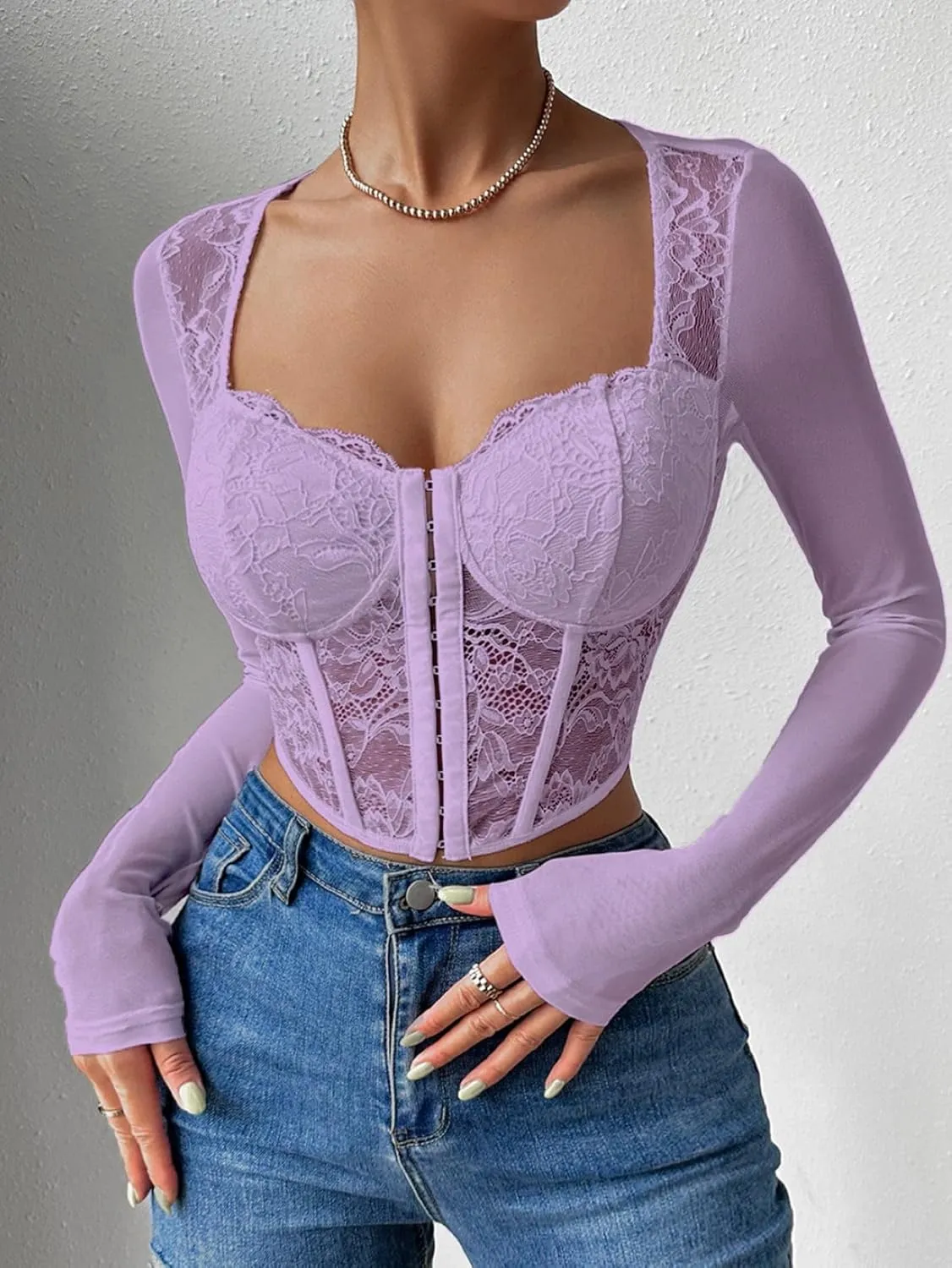 SHENHE Women's Lace Top Sheer Mesh Long Sleeve Asymmetrical Hem Sexy T Shirt Bustier Crop Tops