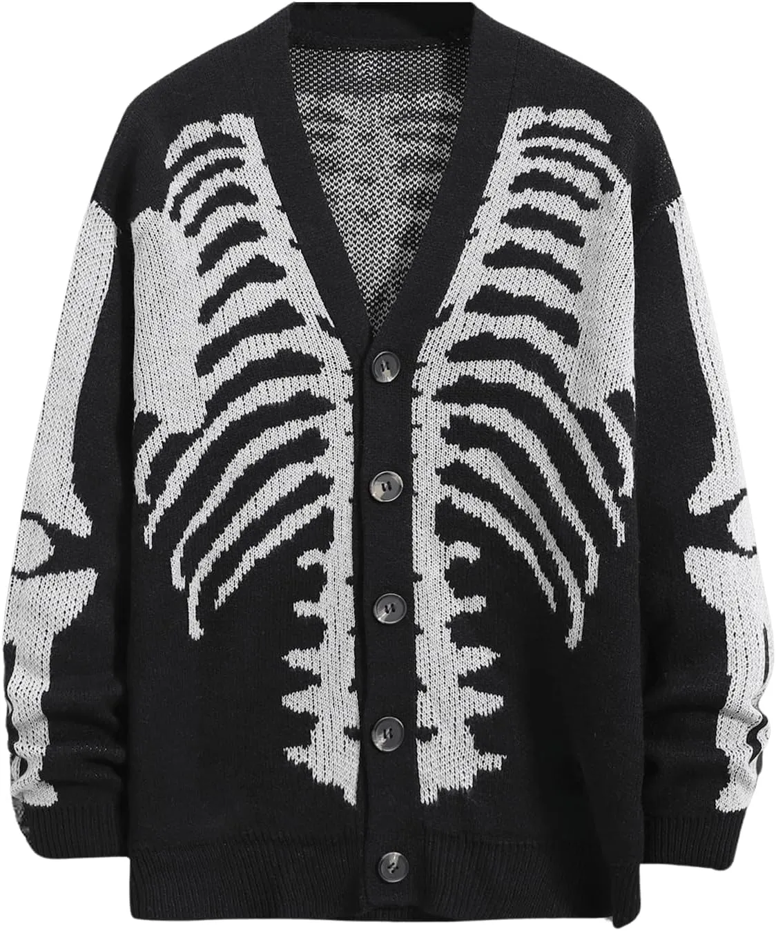 SHENHE Women's Skeleton Print V Neck Button Down Goth Cardigan Grunge Loose Fit Sweater Coat