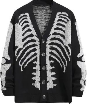 SHENHE Women's Skeleton Print V Neck Button Down Goth Cardigan Grunge Loose Fit Sweater Coat