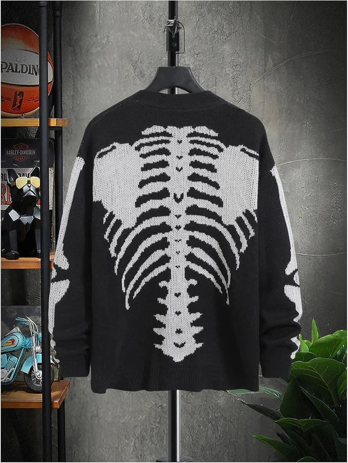 SHENHE Women's Skeleton Print V Neck Button Down Goth Cardigan Grunge Loose Fit Sweater Coat