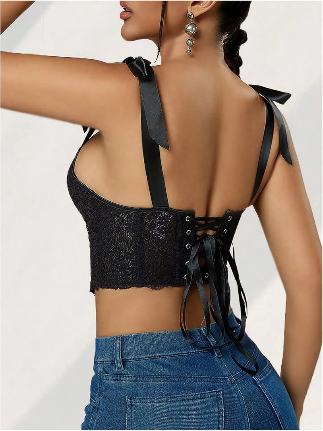 SHENHE Women's Tie Back Floral Lace Bustier Corset Top Tie Shoulder Sexy Crop Top Camisole