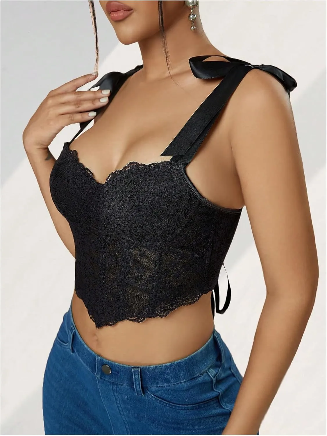 SHENHE Women's Tie Back Floral Lace Bustier Corset Top Tie Shoulder Sexy Crop Top Camisole