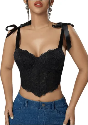 SHENHE Women's Tie Back Floral Lace Bustier Corset Top Tie Shoulder Sexy Crop Top Camisole