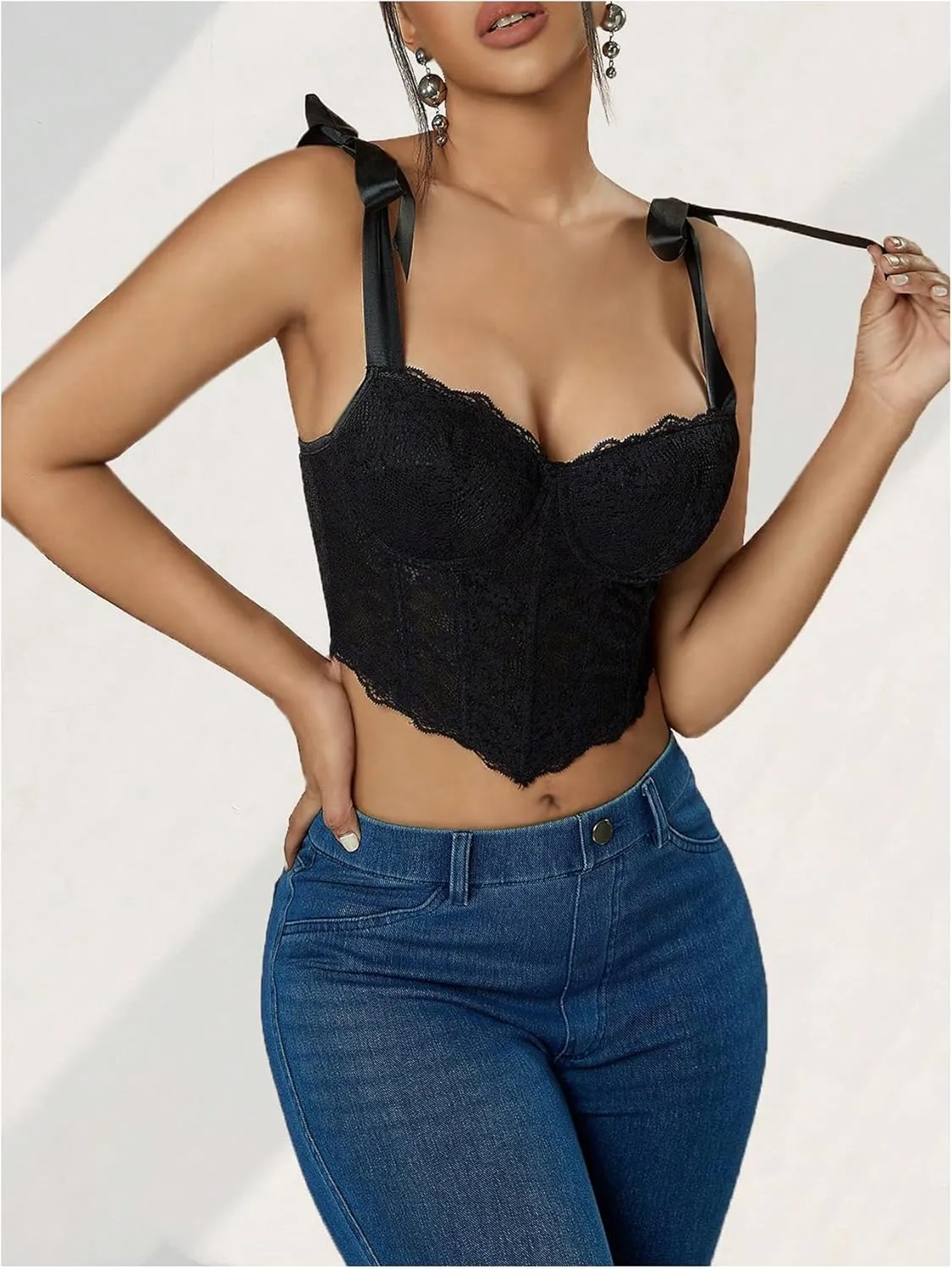 SHENHE Women's Tie Back Floral Lace Bustier Corset Top Tie Shoulder Sexy Crop Top Camisole