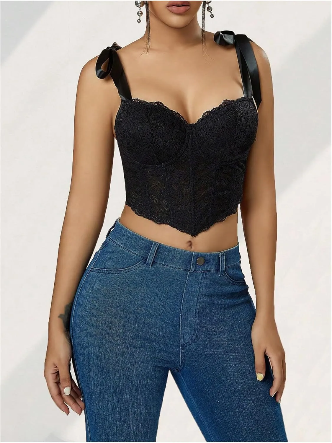 SHENHE Women's Tie Back Floral Lace Bustier Corset Top Tie Shoulder Sexy Crop Top Camisole