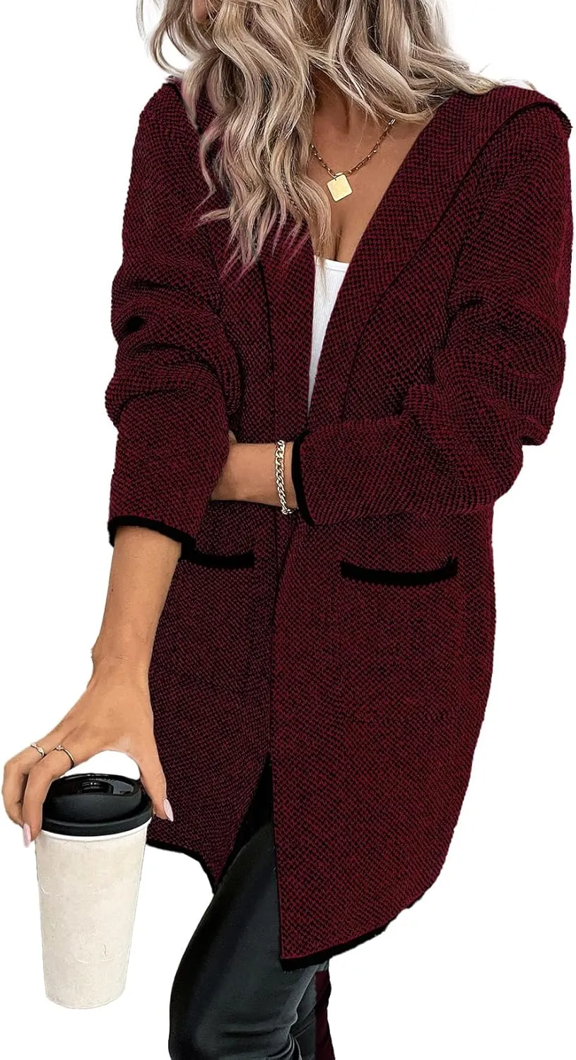Sidefeel Women's 2024 Fall Long Sleeve Open Front Contrast Cardigan Sweaters Oversized Chunky Knit Hooded Sweaters Coat