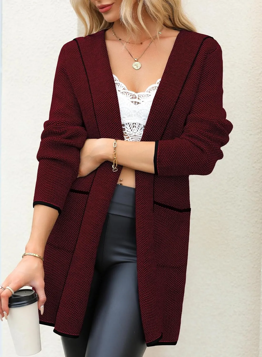 Sidefeel Women's 2024 Fall Long Sleeve Open Front Contrast Cardigan Sweaters Oversized Chunky Knit Hooded Sweaters Coat
