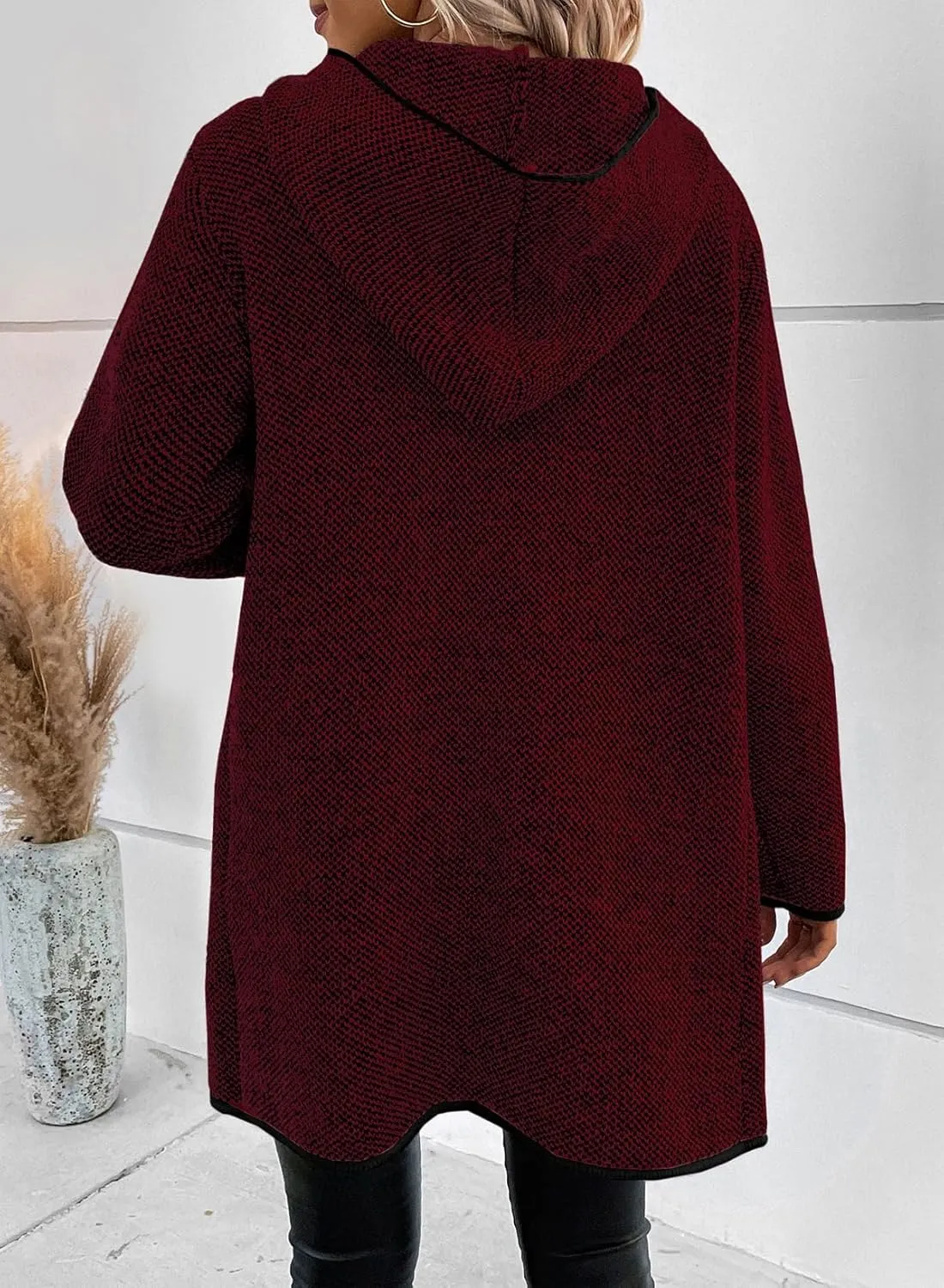 Sidefeel Women's 2024 Fall Long Sleeve Open Front Contrast Cardigan Sweaters Oversized Chunky Knit Hooded Sweaters Coat