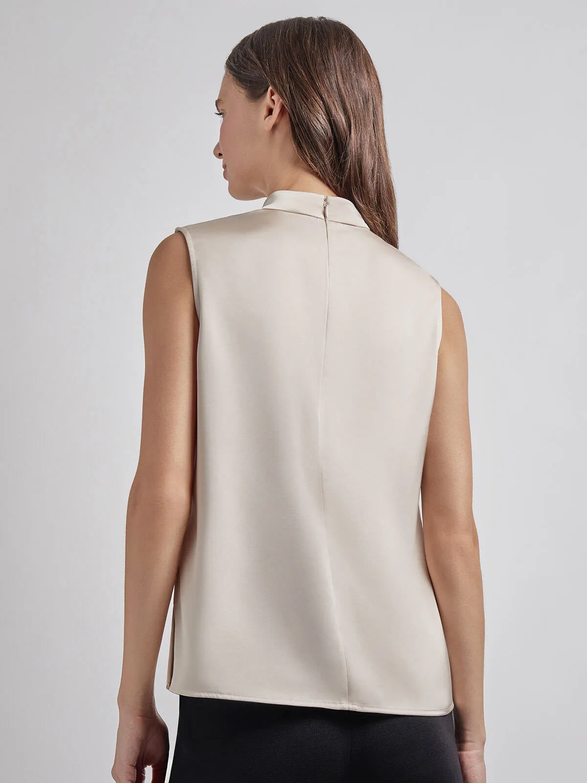 Sleeveless High Neck Draped Crepe de Chine Blouse, Biscotti