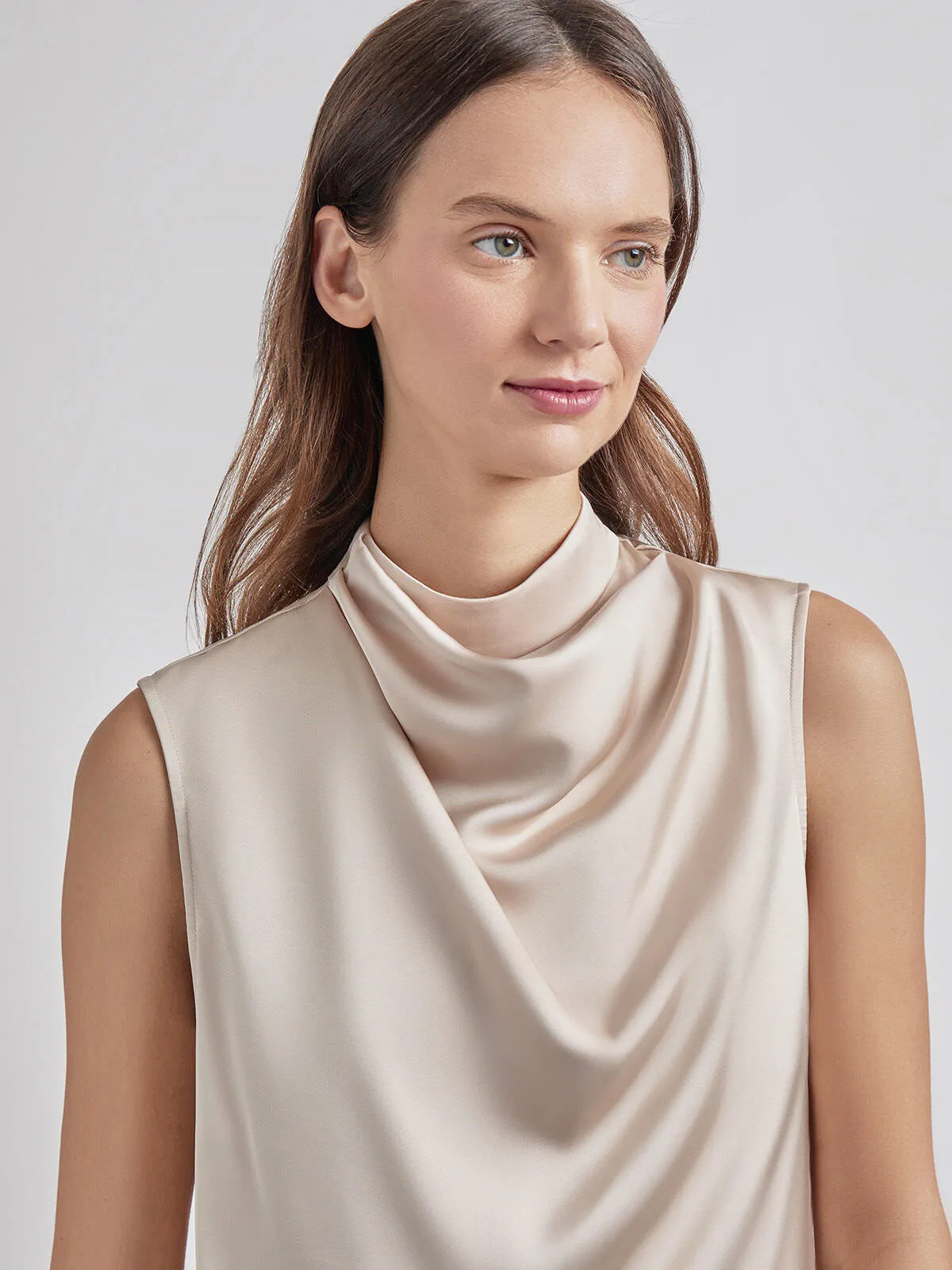 Sleeveless High Neck Draped Crepe de Chine Blouse, Biscotti