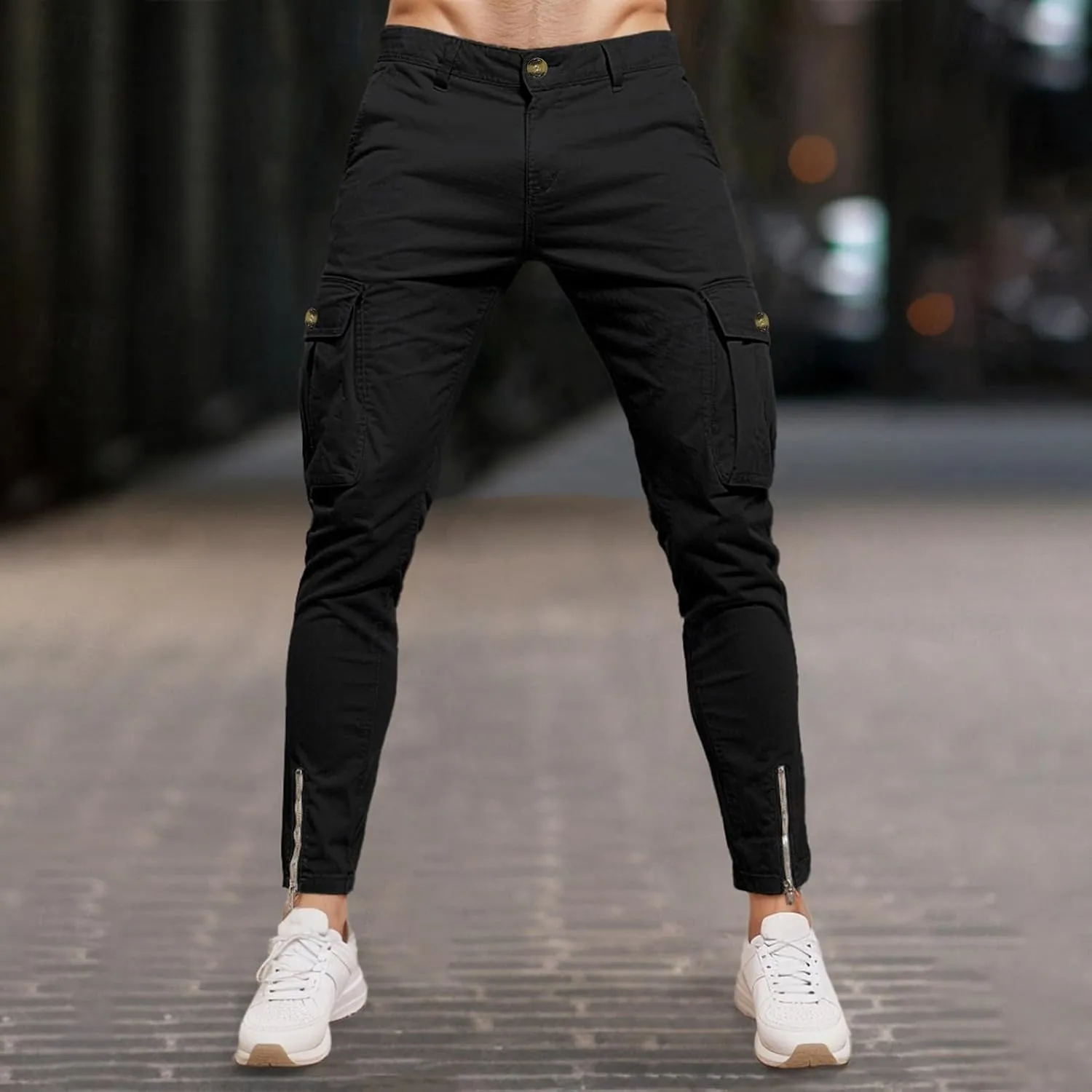 Slim Fit Cargo Pants for Men Cotton Athletic Sports Joggers Running Pants Trendy Zipper Bottom Workout Hiking Pants