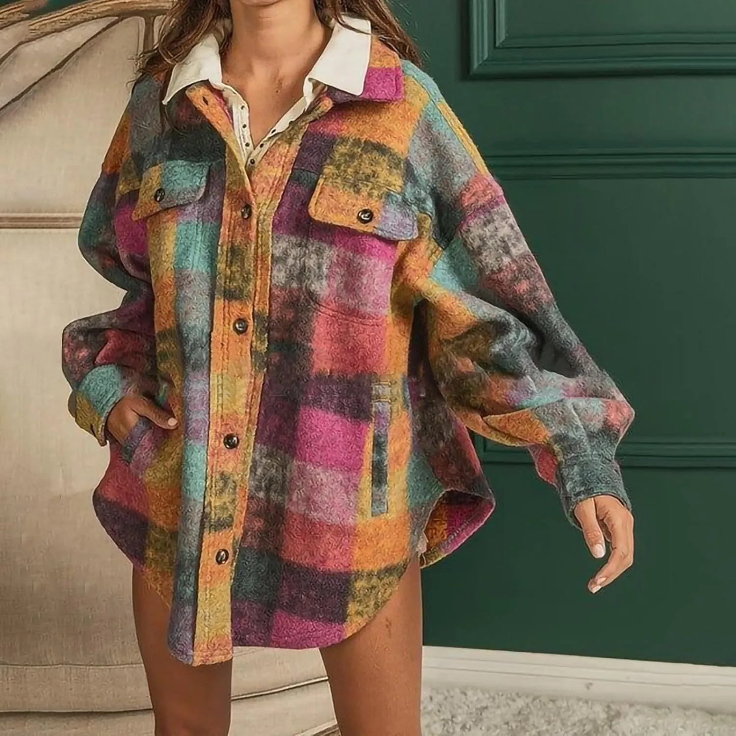 SMIDOW Womens Colorful Flannel Plaid Shacket Jacket Winter Tartan Jacket Button Down Lapel Woolen Coats Casual Plaid Shacket