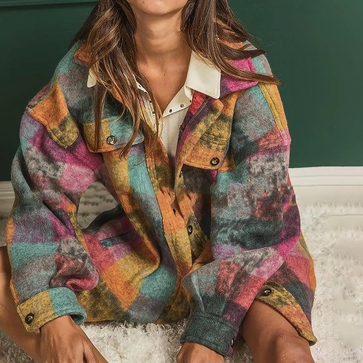 SMIDOW Womens Colorful Flannel Plaid Shacket Jacket Winter Tartan Jacket Button Down Lapel Woolen Coats Casual Plaid Shacket