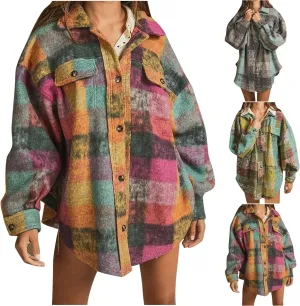 SMIDOW Womens Colorful Flannel Plaid Shacket Jacket Winter Tartan Jacket Button Down Lapel Woolen Coats Casual Plaid Shacket