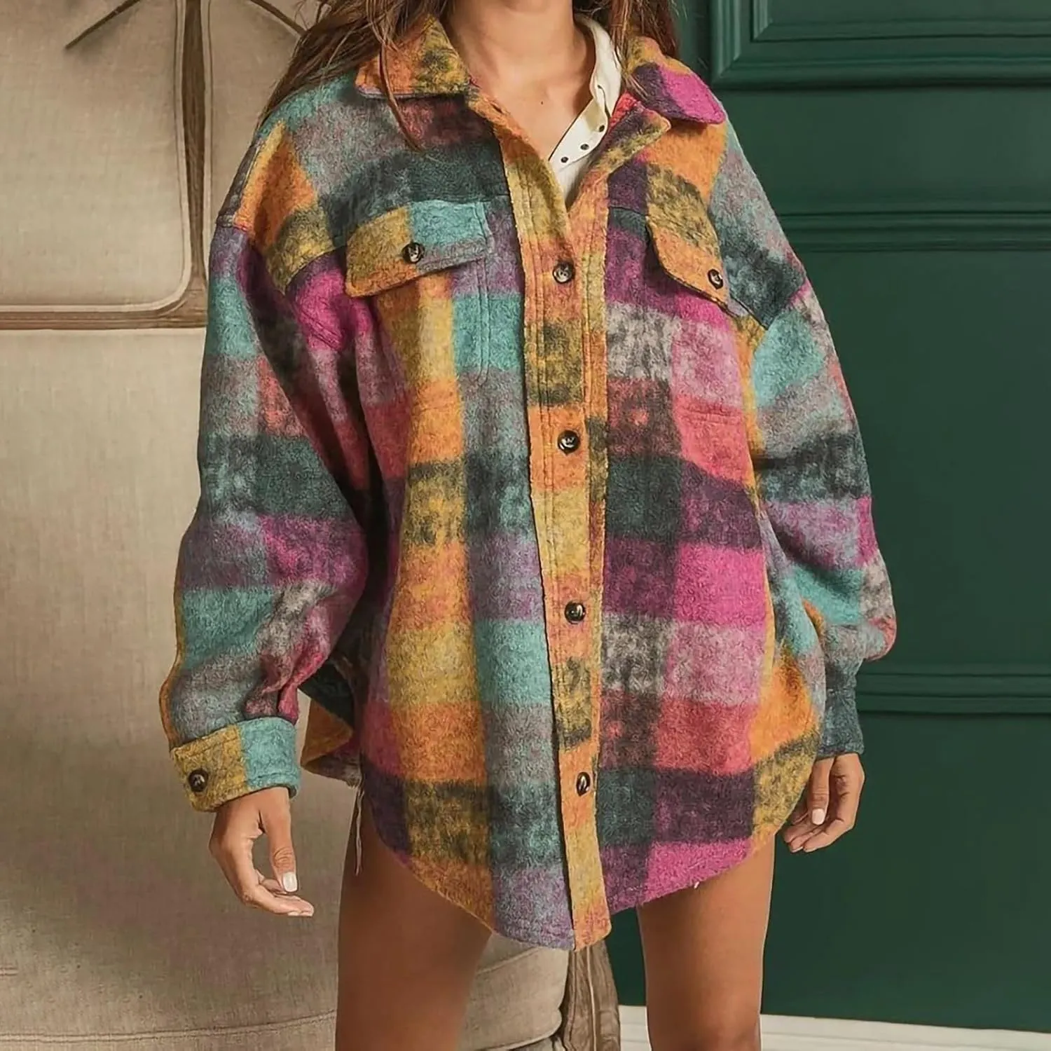 SMIDOW Womens Colorful Flannel Plaid Shacket Jacket Winter Tartan Jacket Button Down Lapel Woolen Coats Casual Plaid Shacket