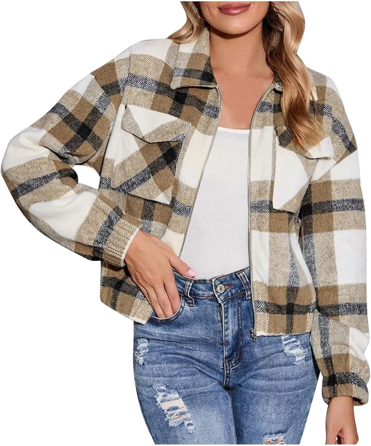 SMIDOW Women's Flannel Plaid Cropped Shacket Jacket Lapel Button Down Fall Fashion 2023 Woolen Coats Outerwear Casual Jackets