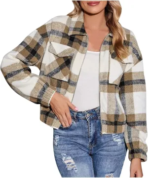 SMIDOW Women's Flannel Plaid Cropped Shacket Jacket Lapel Button Down Fall Fashion 2023 Woolen Coats Outerwear Casual Jackets