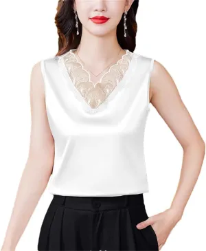 Spring Summer Satin Camisole Shirt Sleeveless Tank Top Women's V Neck Sexy Patchwork Lace Tank Top