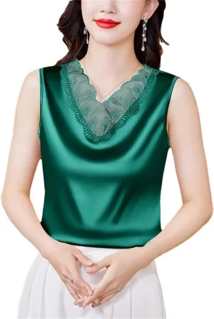 Spring Summer Satin Camisole Shirt Sleeveless Tank Top Women's V Neck Sexy Patchwork Lace Tank Top