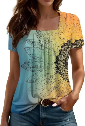 Square Neck Tops for Women Soft Cotton Short Sleeve Shirt Loose Fit Front Pleated Tops 2024 Trendy Summer Graphic Tee