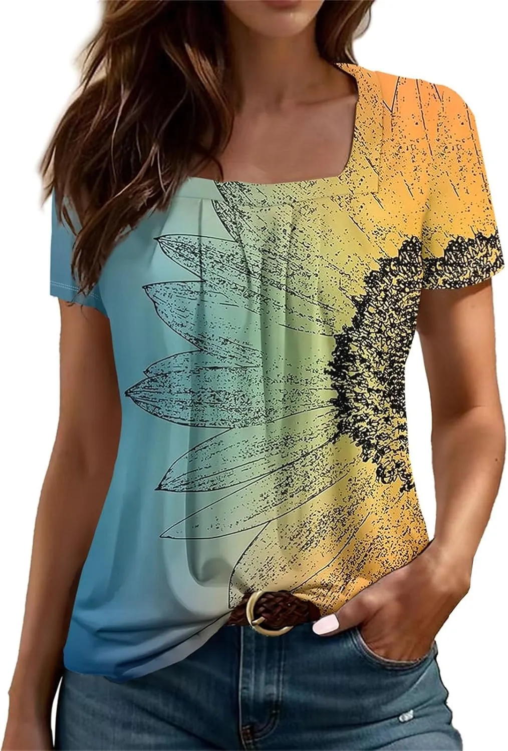 Square Neck Tops for Women Soft Cotton Short Sleeve Shirt Loose Fit Front Pleated Tops 2024 Trendy Summer Graphic Tee