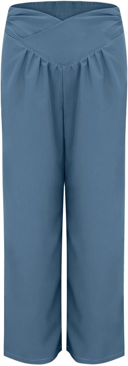 Summer Drawstring Casual Lounge Pant Cotton and Linen Wide Leg Pants Flowy Wide Leg Beach Pants with Pockets Women