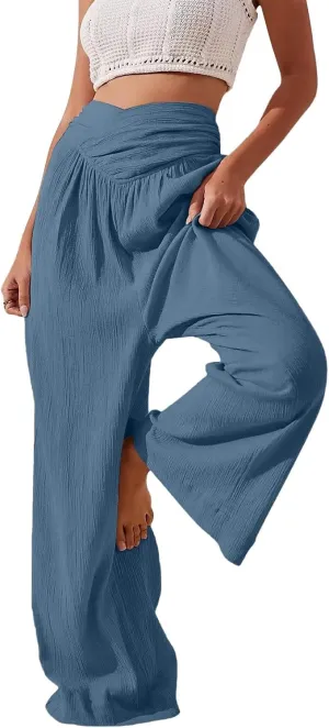 Summer Drawstring Casual Lounge Pant Cotton and Linen Wide Leg Pants Flowy Wide Leg Beach Pants with Pockets Women