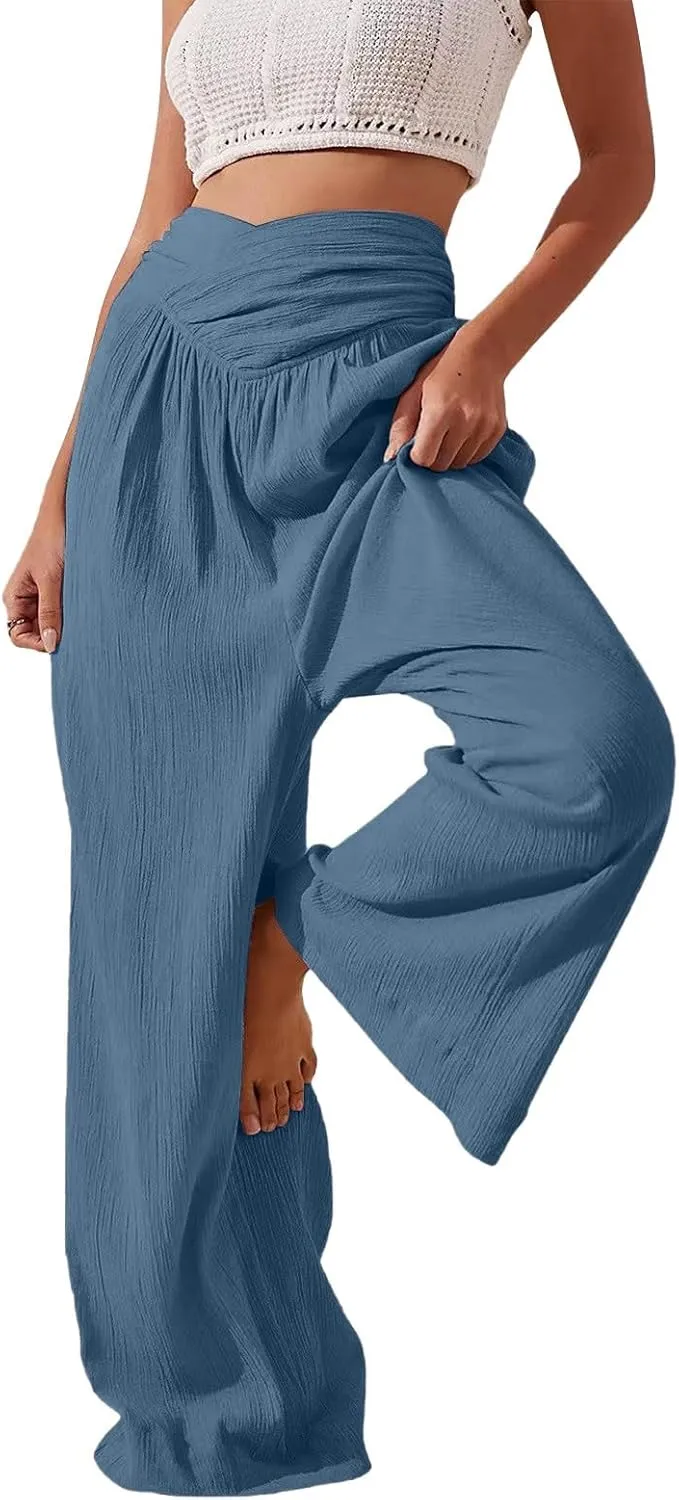 Summer Drawstring Casual Lounge Pant Cotton and Linen Wide Leg Pants Flowy Wide Leg Beach Pants with Pockets Women