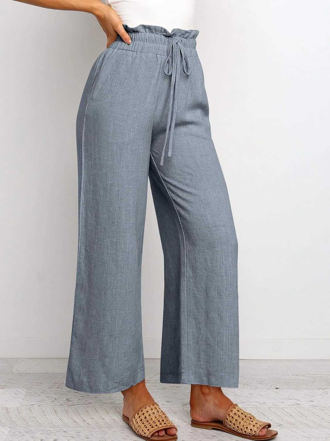 Summer Linen Pant for Women Wide Leg Palazzo Pants Casual Loose Ruffle Waist Capri Drawstring Beach Trousers