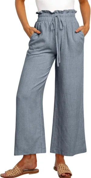 Summer Linen Pant for Women Wide Leg Palazzo Pants Casual Loose Ruffle Waist Capri Drawstring Beach Trousers