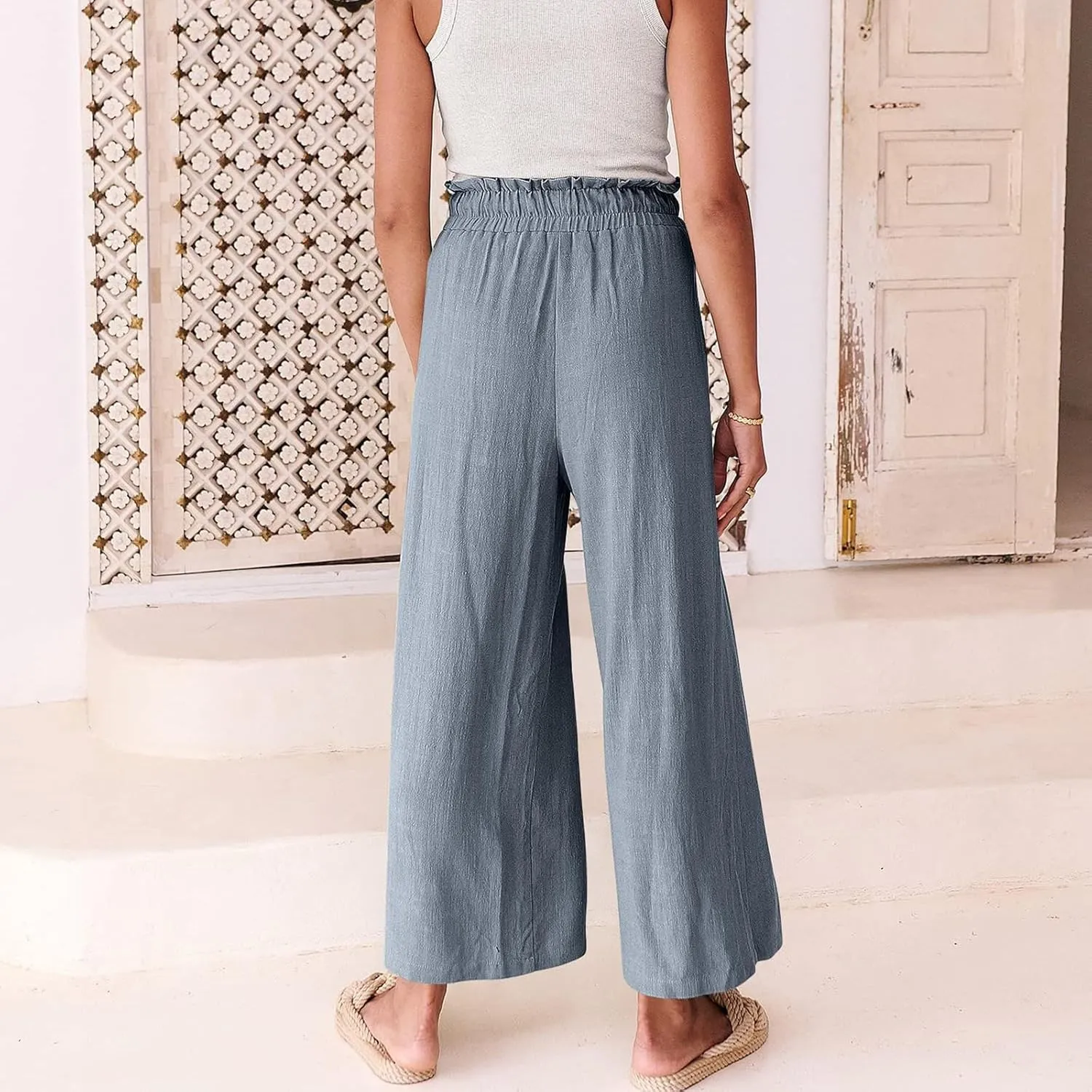 Summer Linen Pant for Women Wide Leg Palazzo Pants Casual Loose Ruffle Waist Capri Drawstring Beach Trousers