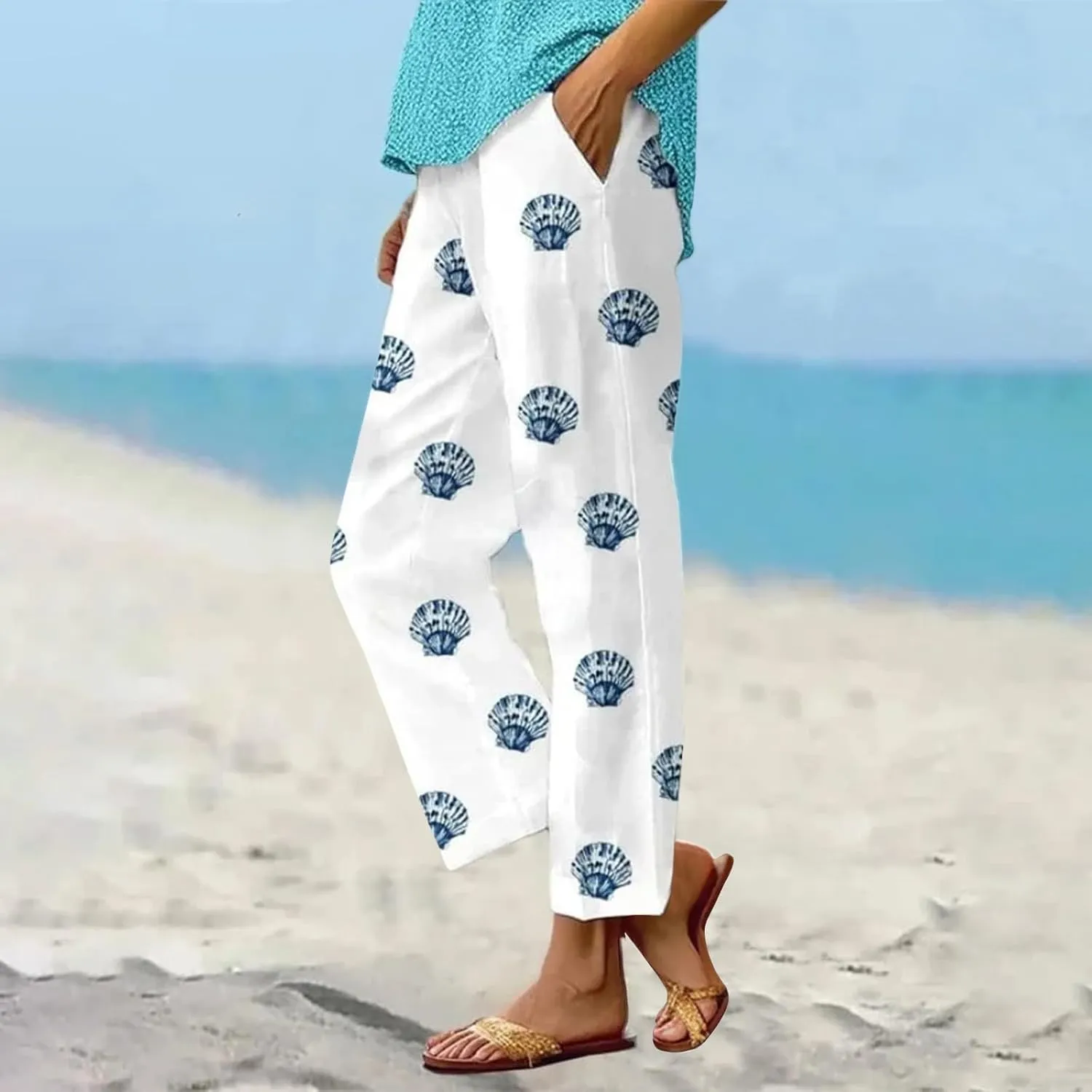 Summer Linen Pants for Women Wide Leg Boho Floral Printed Loose Palazzo Beach Trousers with Drawstring and Pockets