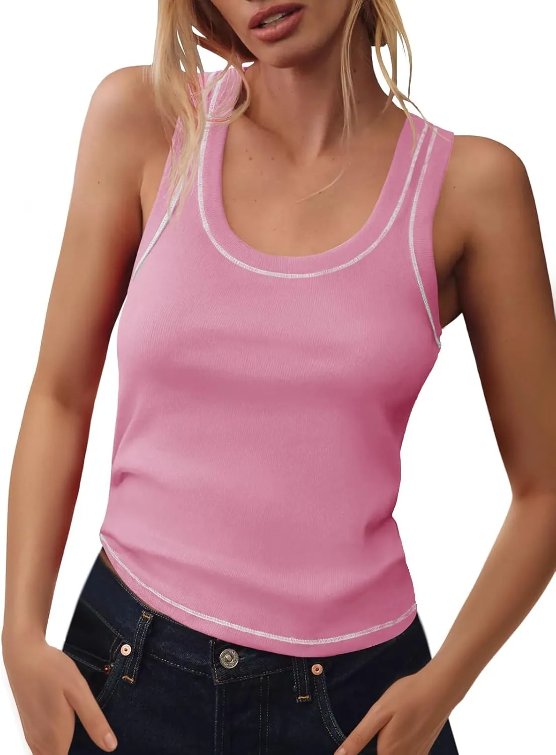 Tankaneo Womens Summer Ribbed Tank Top Casual Ringer Scoop Neck Sleeveless Knit Fitted Tops Going Out Tee Shirts