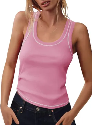 Tankaneo Womens Summer Ribbed Tank Top Casual Ringer Scoop Neck Sleeveless Knit Fitted Tops Going Out Tee Shirts