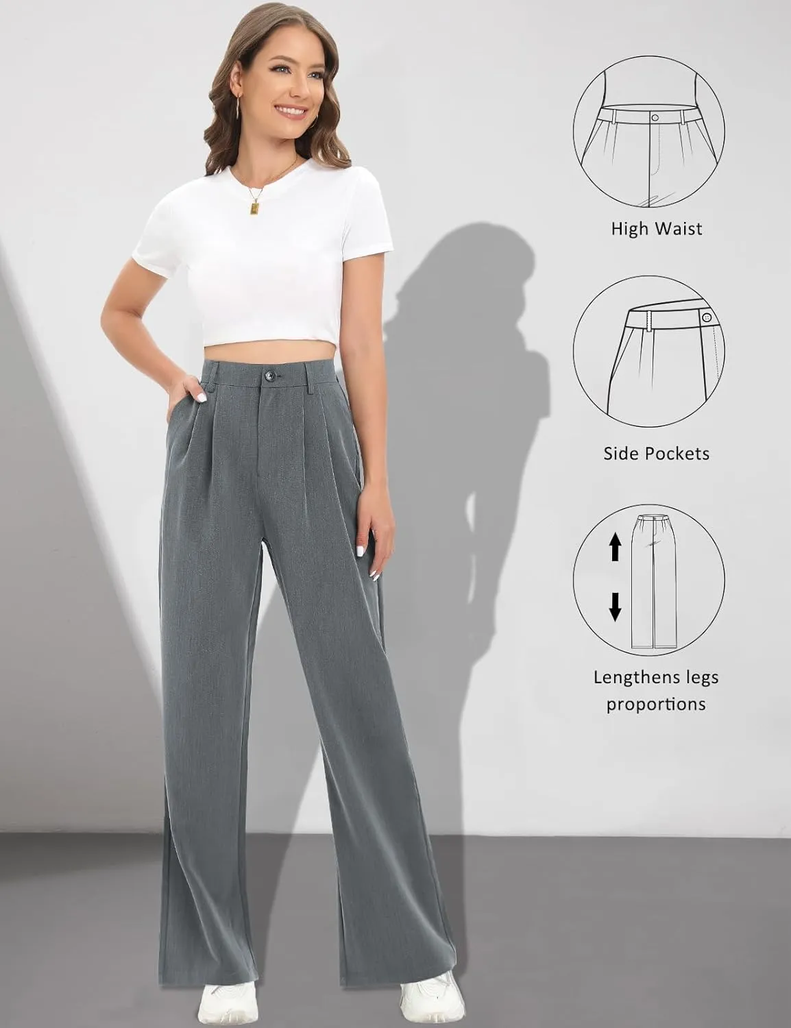 Tapata Women Wide Leg Pants High Waisted Dress Trousers Casual Elastic Pockets Business Work Slacks