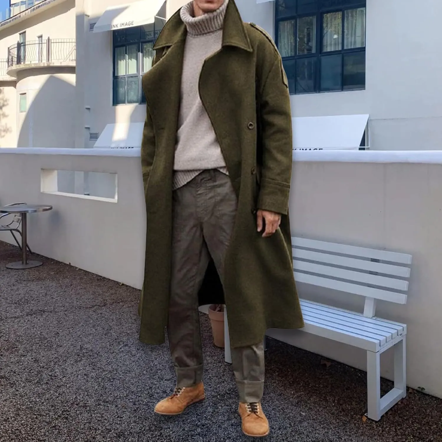 Trench Coat Men Oversized Notched Long Faux Wool Blend Overcoats Single Breasted Knee Length Lapel Winter Jacket