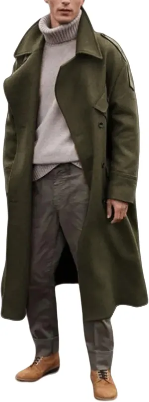 Trench Coat Men Oversized Notched Long Faux Wool Blend Overcoats Single Breasted Knee Length Lapel Winter Jacket