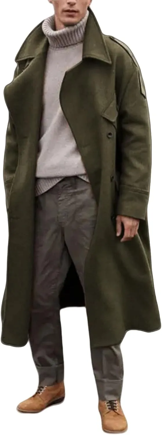 Trench Coat Men Oversized Notched Long Faux Wool Blend Overcoats Single Breasted Knee Length Lapel Winter Jacket