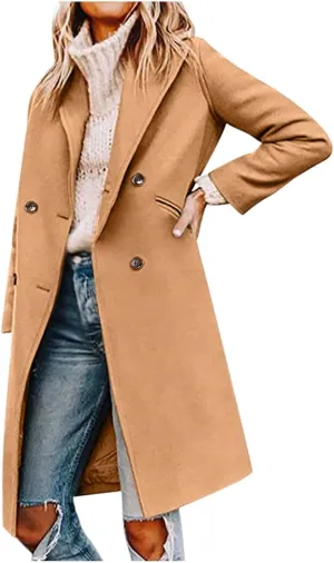 Trench Coats for Women Double Breasted Wool Blend Pea Coats Notched Lapel Collar Business Casual Long Jackets