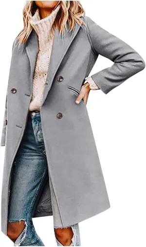 Trench Coats for Women Double Breasted Wool Blend Pea Coats Notched Lapel Collar Business Casual Long Jackets