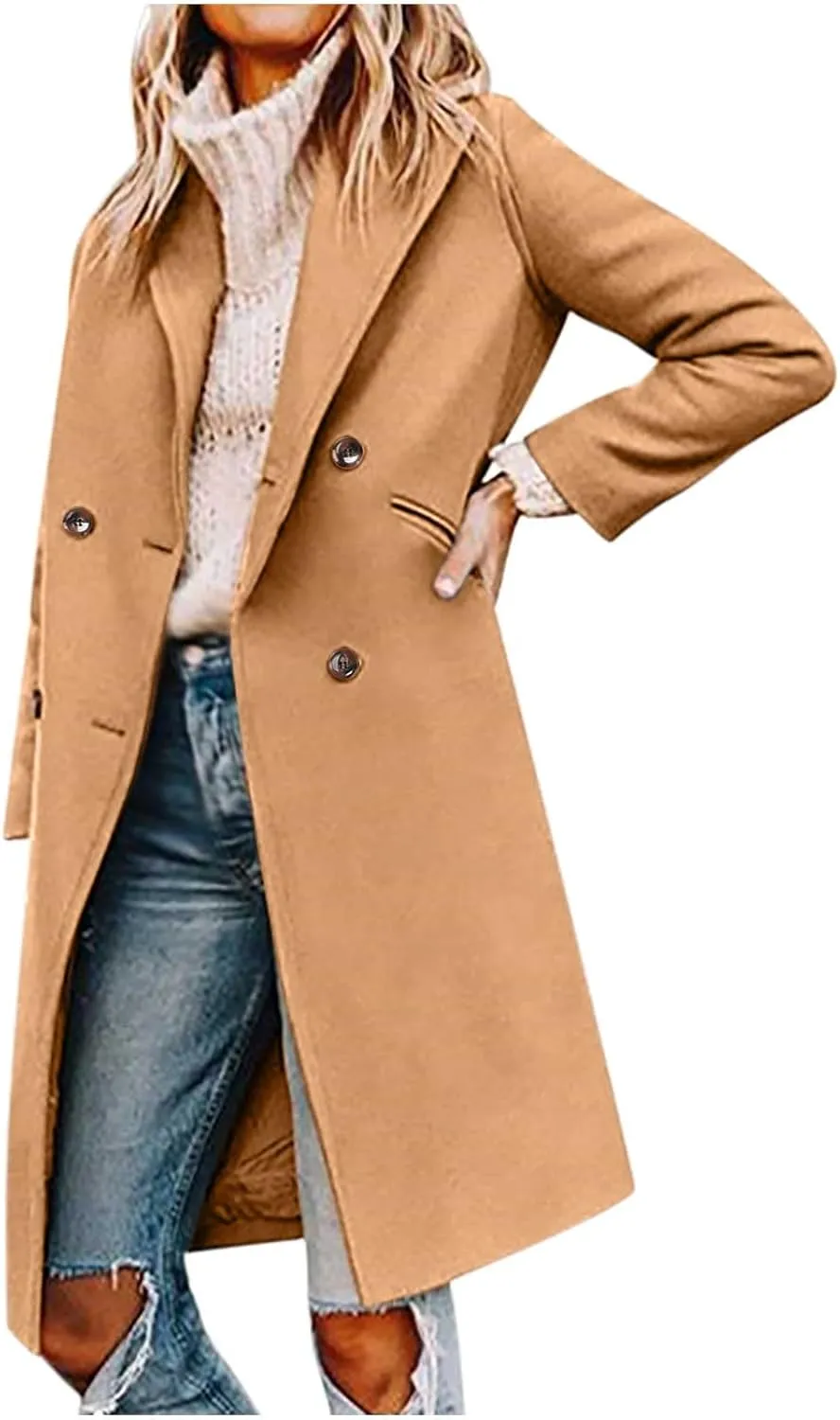 Trench Coats for Women Double Breasted Wool Blend Pea Coats Notched Lapel Collar Business Casual Long Jackets